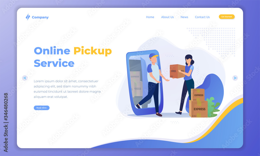 Pickup service illustration using delivery mobile application on landing page concept Pickup service illustration using delivery mobile application on landing page concept