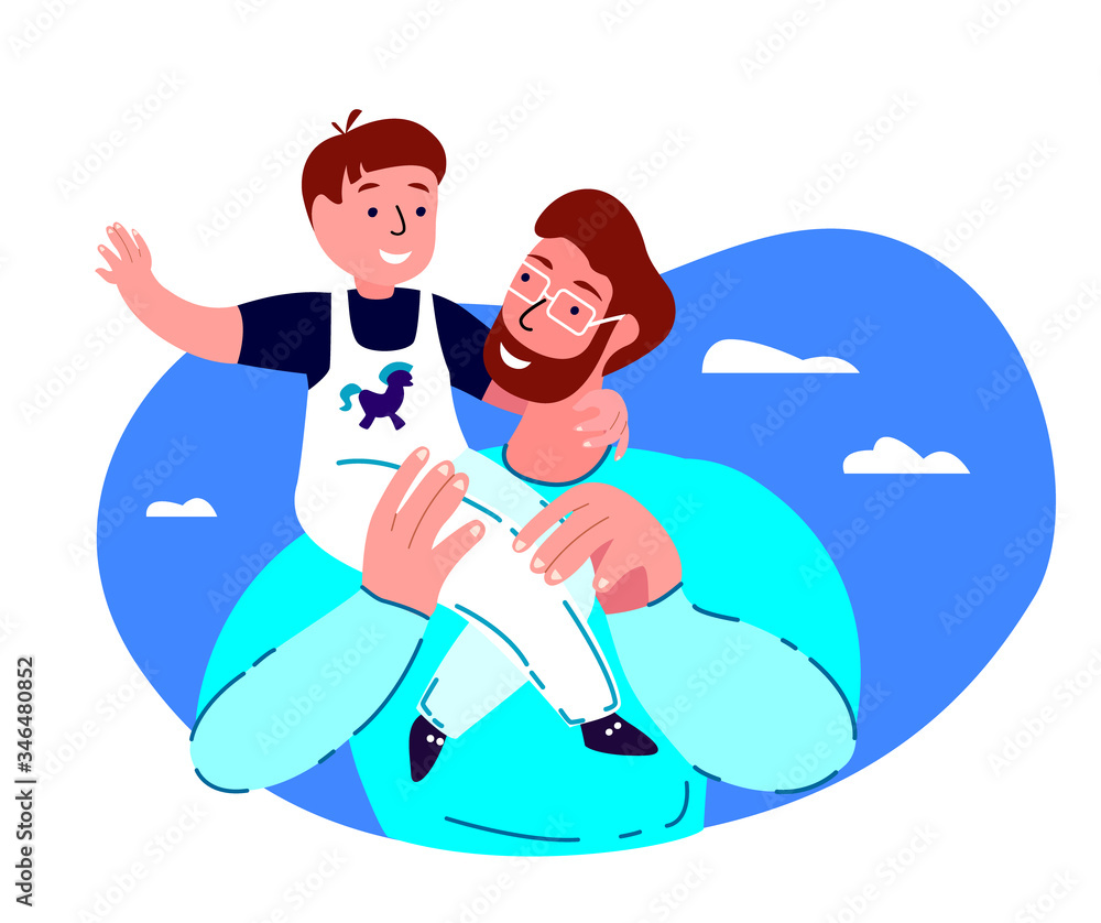 Happy Smiling Father,Son Playing.Young Adult Parent.Baby Boy Sit on Dad Shoulders. Man Communicate with Child, Protect Kid.Child,Caring Papa.Family Relatives Have Fun Together.Flat Vector Illustration Happy Smiling Father,Son Playing.Young Adult Parent.Baby Boy Sit on Dad Shoulders. Man Communicate with Child, Protect Kid.Child,Caring Papa.Family Relatives Have Fun Together.Flat Vector Illustration