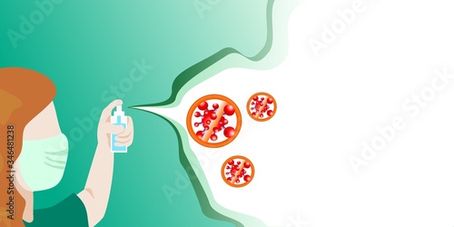 A masked woman is spraying alcohol to kill the virus. Article illustration,page,website.