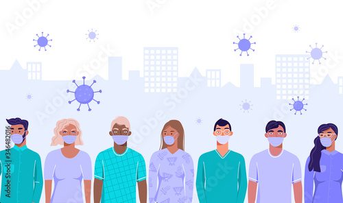 Group of people wearing medical masks to prevent COVID-19. Quarantine and protect yourself concept with copy space. Vector banner illustration.