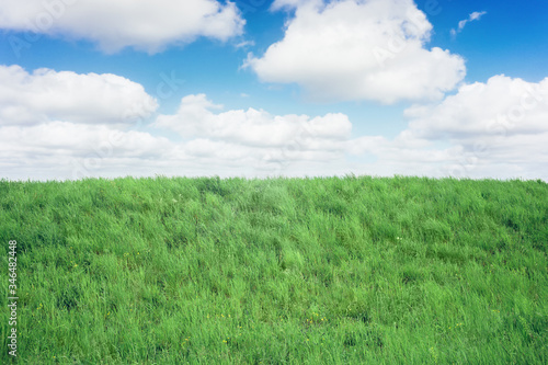 Green grass on hill with blue sky and clouds background