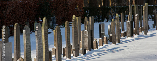 Historic cemetry. Graveyard and thombstones. Wilhelminaoord. Maatschappij van Weldadigheid Frederiksoord. Drenthe. Netherlands. Winter and snow. © A