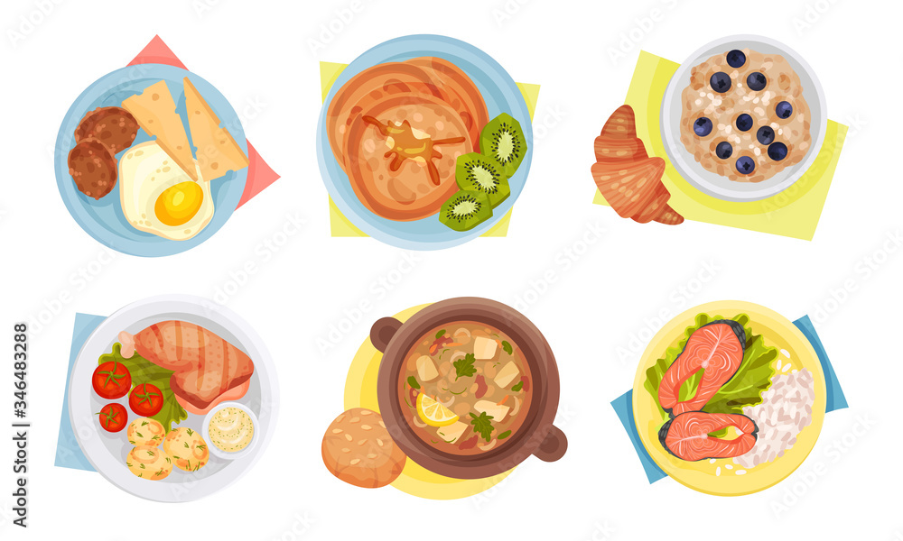 Meal Served on Plate with Napkin Rested Underneath it Top View Vector Set Meal Served on Plate with Napkin Rested Underneath it Top View Vector Set