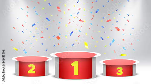 Red and white winners podium with confetti. Stage for awards ceremony. Pedestal with spotlights. Vector illustration.