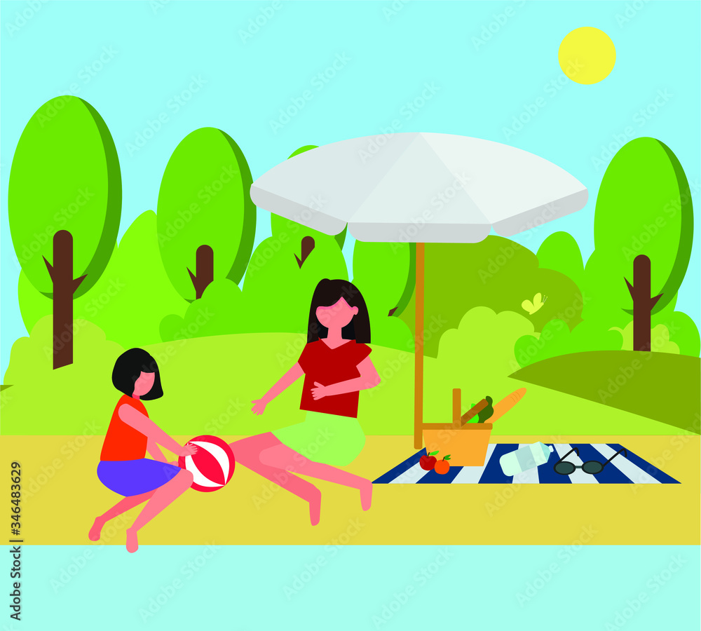 A woman with a child rests in the summer by the lake. Concept of outdoor recreation. Cute flat illustration at the reservoir. Outdoor swimming
