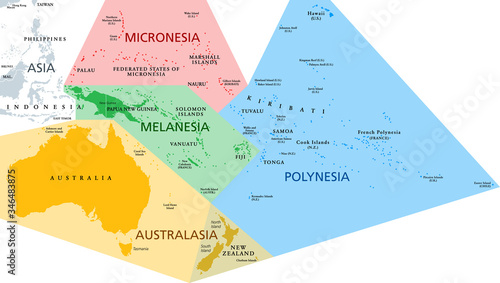 Regions of Oceania, political map. Colored geographic regions, southeast of the Asia-Pacific region including Australasia, Melanesia, Micronesia and Polynesia. English. Illustration over white. Vector photo