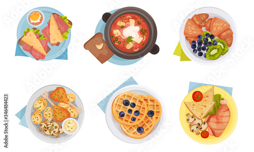 Meal Served on Plate with Napkin Rested Underneath it Top View Vector Set