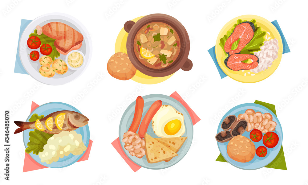 Fototapeta Meal Served on Plate with Napkin Rested Underneath it Top View Vector Set