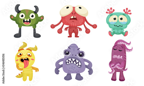 Big Eyed Monsters with Horns Expressing Emotions Vector Set