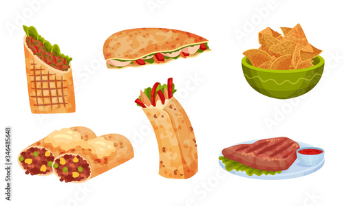 Mexican Snacks and Dishes Vector Set. Appetizing Traditional Courses and Starters Collection