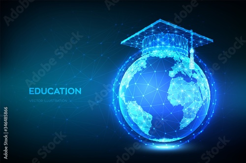 E-learning concept. Innovative online education. Abstract Low Polygonal Graduation cap on planet Earth globe model map. Distance graduate certificate program. Skill development. Vector illustration.