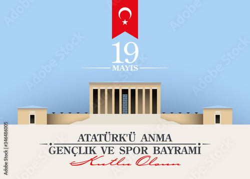 19 may Turkish national holiday illustration banner mayis Ataturk'u Anma, Genclik ve Spor Bayrami, tr: 19 may Commemoration Ataturk, Youth and Sports Day, isolated on White design Turkish holiday card
