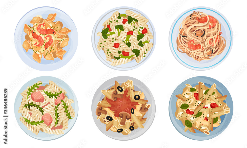 Different Pasta Served on Plate Top View Vector Set Different Pasta Served on Plate Top View Vector Set