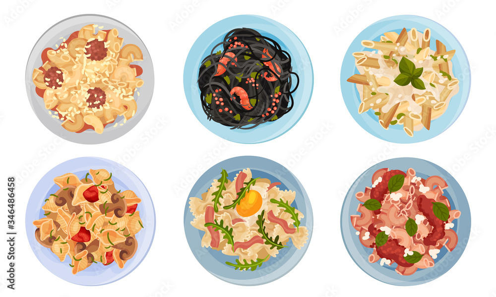 Different Pasta Served on Plate Top View Vector Set Different Pasta Served on Plate Top View Vector Set