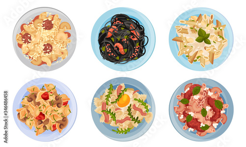 Different Pasta Served on Plate Top View Vector Set