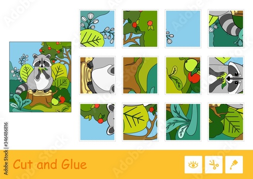 Cut and glue colorful vector puzzle template and learning children game with the image of a raccoon eating an apple in a wood. Wild animals educational activity for kids.