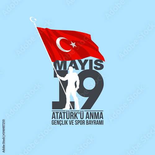 Turkish national holiday illustration banner 19 mayis Ataturk'u Anma, Genclik ve Spor Bayrami, tr: 19 may Commemoration Ataturk, Youth and Sports Day, isolated on White design Turkish holiday card