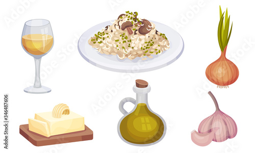 Mushroom Risotto Served on Plate with Ingredients Around Vector Set