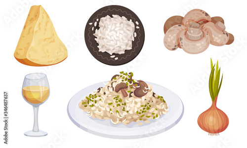 Mushroom Risotto Served on Plate with Ingredients Around Vector Set
