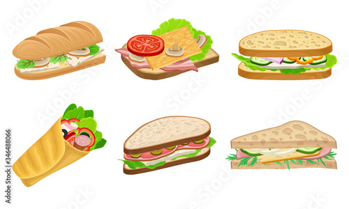Subs and Sandwiches of Black and Wheaten Bread with Various Ingredients Vector Set