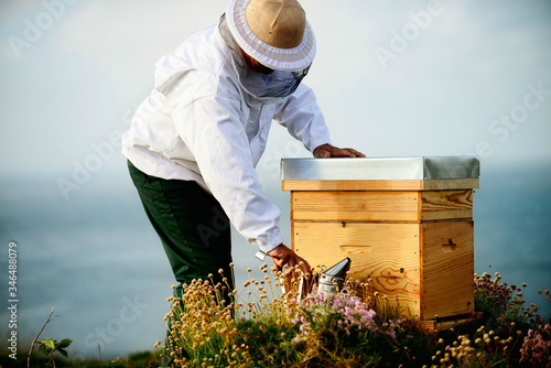 Beekeeper checking his bees in bee-house. Beekeeper holding frame of honeycomb with working bees. photo