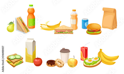 Fast Food Snacks and Drinks Isolated on White Background Vector Set