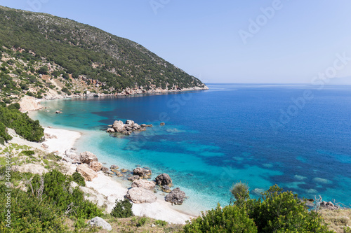 Beach on the island of Kefalonia, Greece. Most beautiful wild rocky beaches with clear turquoise water and high white cliffs