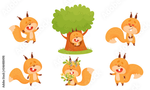 Cute Squirrel Character Doing Different Activities Vector Set