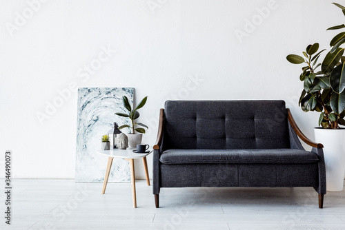 modern sofa near coffee table with plants, vintage lamp and cup in living room