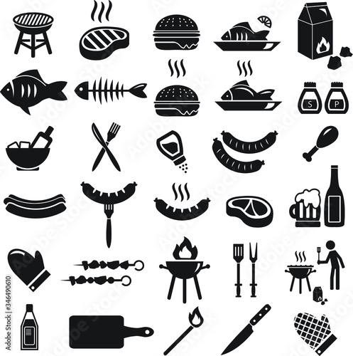 Barbecue summer vector icon set - illustrations such as hamburgers, sausage, grill, charcoal, fish, steak and others.