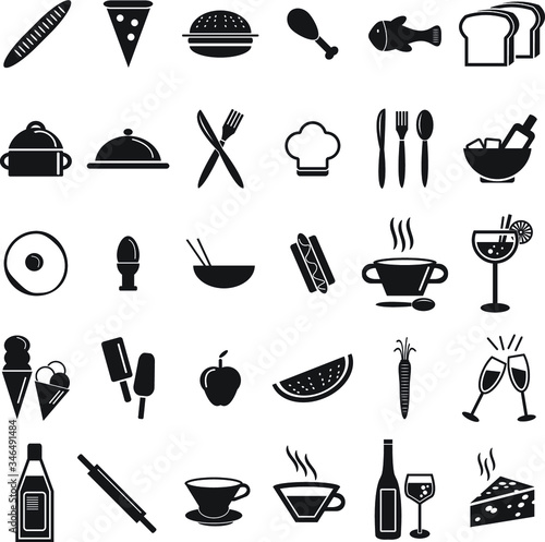 Cooking kitchen food vector icon set, bread, fish, steak, fork, egg, toaster and other icons