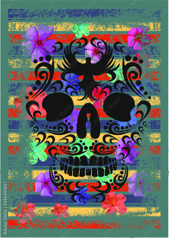 Palm beach skull flower print and embroidery graphic design vector art
