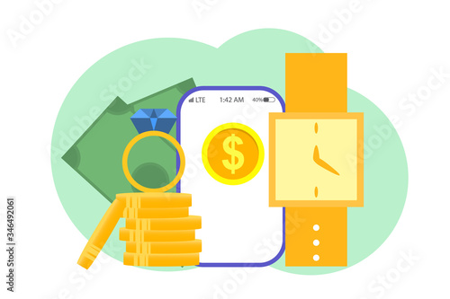 Selling items in a pawnshop, watches, diamond rings and a telephone. Pawnshop antique items for sale to buyers seller thief pawnshop jewelry pricing
