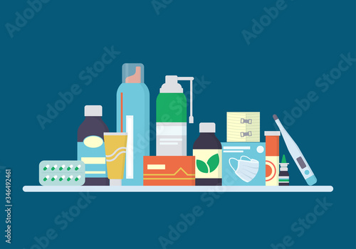 Drugs, pills, drops and tincture bottles are on the shelf. Medicines for the treatment of the cold, virus and flu. Vector illustration in flat style on dark blue background