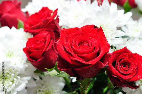 A bouquet of fresh red roses and white dahlias