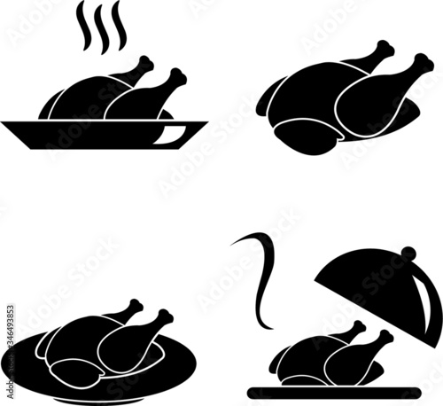 Thanksgiving turkey or chicken on plate vector icon setblack isolated on white background