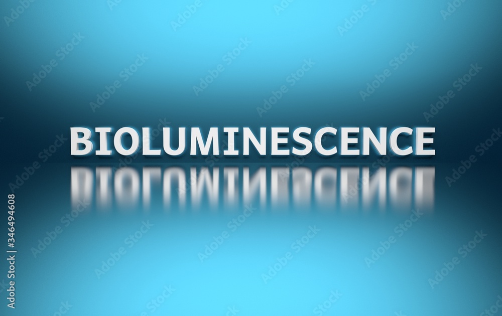 Scientific term Bioluminescence written in bold white letters on reflective blue background. 3d illustration.