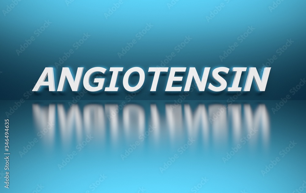 Medical term Angiotensin peptide hormone written in white letters on blue background. 3d illustration.