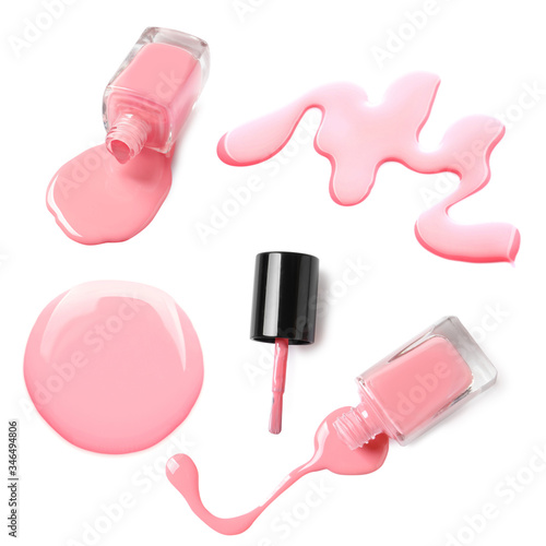 Collage of pink nail polish on white background