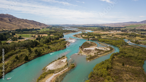 Aerial view of delta of Haast river, Haast pass, New Zealand. Drone photo