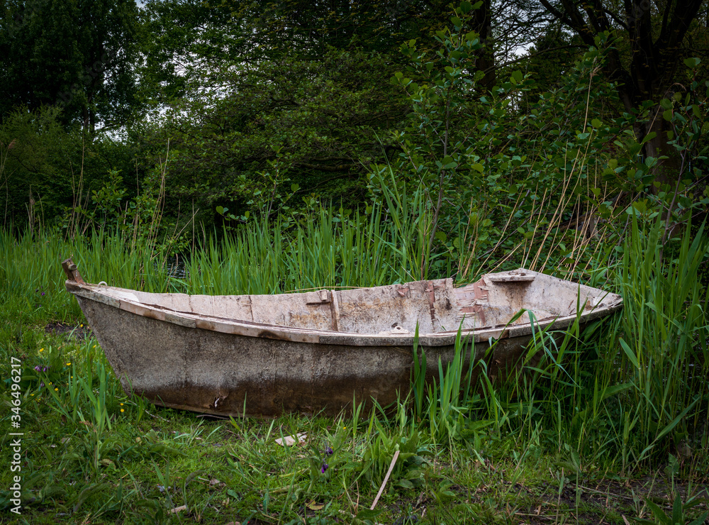 Old abandoned boat in the reeds on shore on a moody day Old abandoned boat in the reeds on shore on a moody day