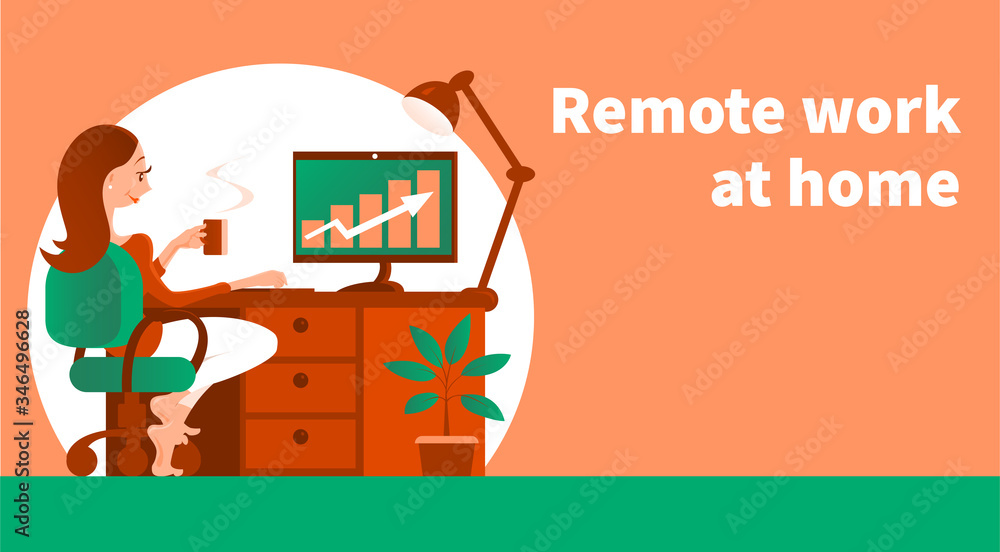 A young woman works remotely at home at a computer. Sits at a table with a lamp. On the monitor is a chart of financial growth. Place for text. Vector cartoon illustration.
