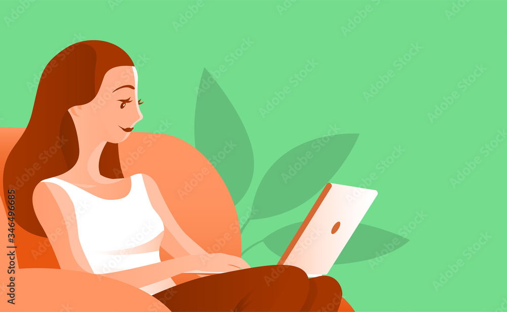 Cute beautiful girl sits with a laptop in a soft chair. A computer on her lap. Near houseplant. Vector closeup illustration with place for text. Cute beautiful girl sits with a laptop in a soft chair. A computer on her lap. Near houseplant. Vector closeup illustration with place for text.