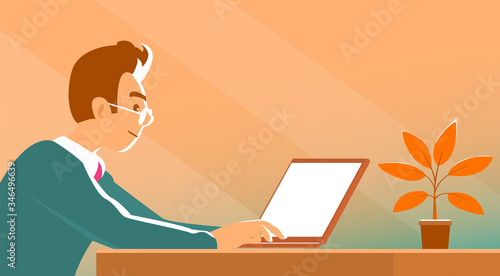 A business man in a tie sits at a table and works on a laptop. Place for text. Vector closeup illustration.