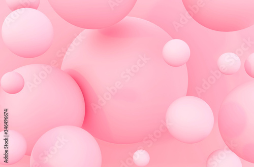 Abstract colorful balls. Pink Candies fly in zero gravity. Chaotic scatter confetti spheres. Festive party wallpaper. 3d render rouge creative background. Makeup powder cosmetics for face in ball form