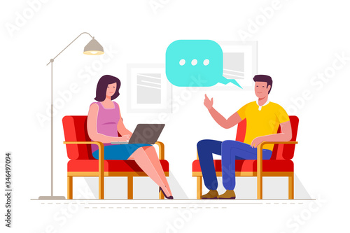 Blogging, live streaming. Interview content for posting on social networks. Cartoon vector illustration
