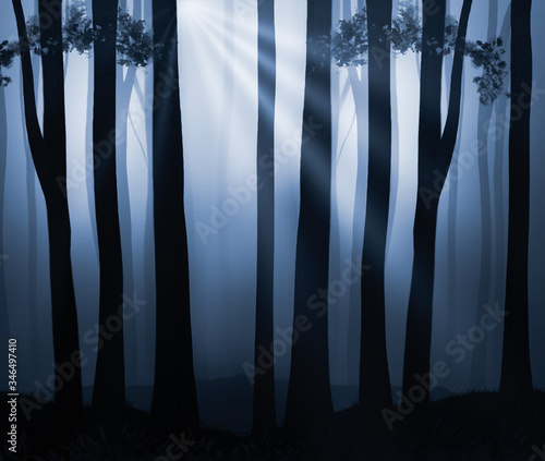 Obraz na plátně Moonlit Misty Fantasy Illustration, with rays of light through sillhouetted tree