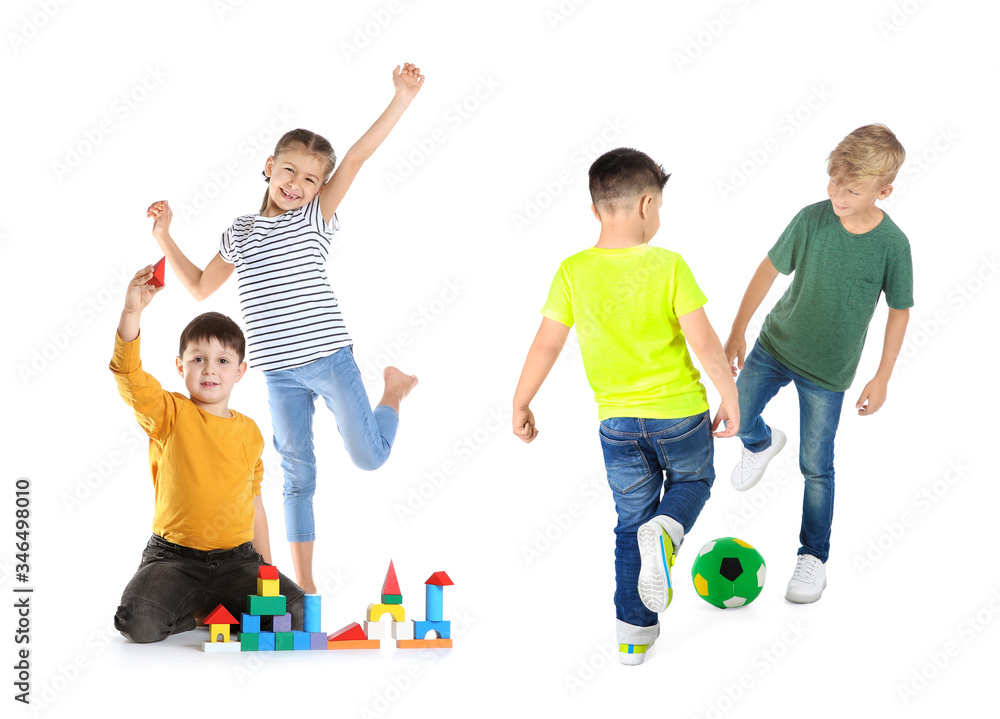 Collage of cute little children playing on white background Collage of cute little children playing on white background