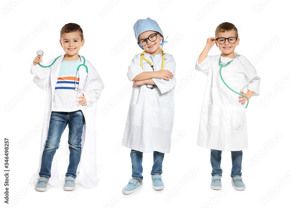 Collage of cute little child wearing doctor uniform on white background Collage of cute little child wearing doctor uniform on white background