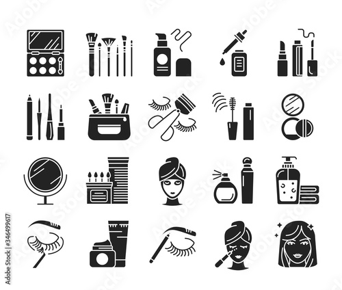 Hairdresser service glyph black icons set. Professional hair styling. Beauty industry. Pictograms for web page, mobile app, promo. UI UX GUI design element
